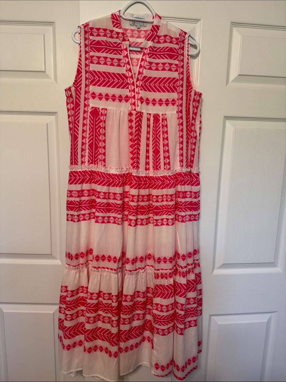 Sleeveless Pink Geo-Print Tiered Maxi Dress by C. Wonder